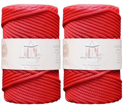 Makromecity, 2 matasse di filo macramè in poliestere da 5 mm x 94,8 m, 5 mm, rosso, per macramè, uncinetto, borse, sottopiatti e tappeti