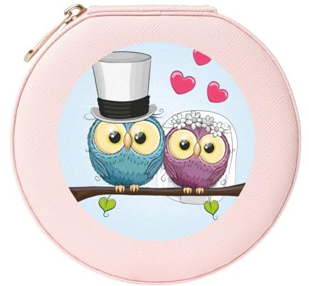 InOmak Lustige Eulen, Schmuckschatulle für Damen, rund, PVC, Leder, Schmuckschatulle, Reise-Organizer, Schmucketui
