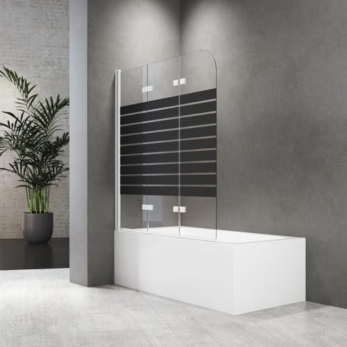 Duschwand für Badewanne Faltbar 120 x 140 cm 3 teilig Faltbar mit 6mm Sicherheitsglas NANO Beschichtung Faltwand,Weiß Aluminiumrahmen,Schwarz Gestreifte Glasoberfläche, Leicht zu Reinigen