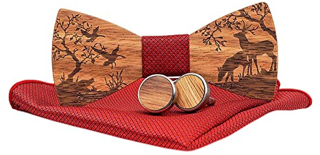 Generisch Holzfliege Herren Handgefertigte Hölz Fliege - Verstellbare Größe - Inkl Manschettenknöpfe, Einstecktuch, Holzfliege mit Elchmuster, Geschenkbox für Hochzeiten, Party, Weihnachten