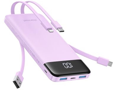 charmast Cargador portátil con cables integrados, banco de energía delgado de 10000 mAh, puerto de entrada y salida USB C de 15 W, cargador externo de carga de alta velocidad, paquete de batería