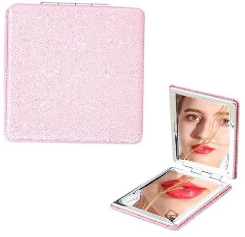 1 miroir de poche portable en PU, 72 mm, compact et pliable, pour sac à main, voyage, maquillage (rose carré)