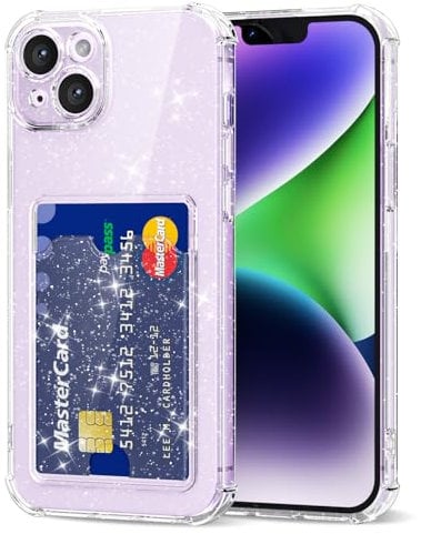 Svanove for iPhone 14 Case Wallet Clear Glitter, Transparent Card Holder Case with Credit Card Slot, Bling Sparkle Cute Girly Thin Slim Soft Rubber Protective Shockproof Bumper for Women Girl