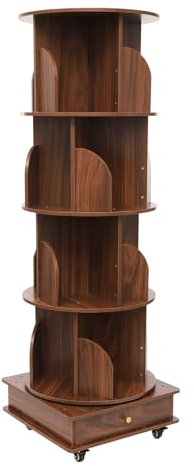 Etrhdfyts 360° Drehbares Bücherregal mit Rollen und 4 Ebenen, Bremsenfixierung Massivholz Multifunktionales Drehregal Standregal (Nuss-braun)