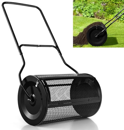MZBDYYF Kompoststreuer, Torfmoos Aussaat Gülle Gülle Gartenstreuer Walze mit U-förmigen Griff und Seitenverschlüsse, Schwermetallgitter Korb Top Sideboard Rasenstreuer