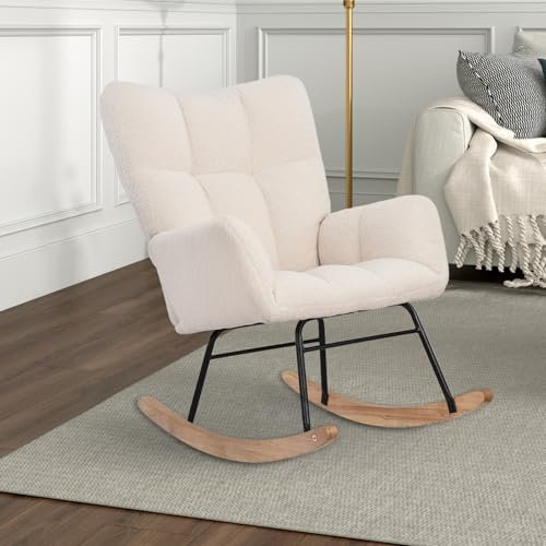 ZHDOKA Schaukelstuhl, gepolsterter Sessel mit Hoher Rückenlehne, Relaxsessel mit mit Stahlgestell, Füße aus Massivholz, Moderne Akzent Stühle Glider Recliner für Wohnzimmer, Schlafzimmer,Beige