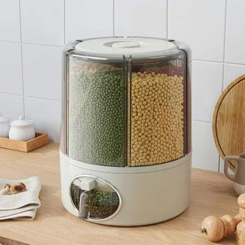 Contenedor giratorio de 360°, dispensador de arroz transparente de 6 compartimentos con salida de un solo clic, organizador hermético de alimentos secos