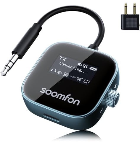 SOOMFON Bluetooth 5.3 Transmitter Receiver with 3.5mm Jack with LCD Screen, Dual Pairing,13H Playtime AUX Bluetooth Adapter, 2-in-1 Wireless Audio Transmitter for Airplane TV Headphones Speakers