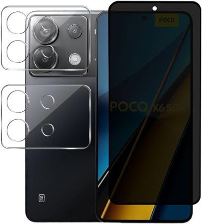 Rnnmeeko 1 Piezas Protector Pantalla Privacidad para Xiaomi POCO X6 Pro 5G y 2 Piezas Protector Lente Cámara, para Xiaomi POCO X6 Pro 5G Cristal Vidrio Templado Antiespia, Dureza 9H, Sin Burbujas