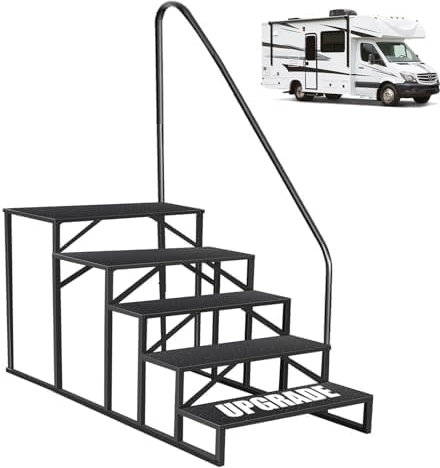 Scala a 5 Gradini con Maniglie, Scaletta Portatile per Camper, Scala per Esterni, Scaletto con Corrimano in Acciaio con Portata di 300 Kg