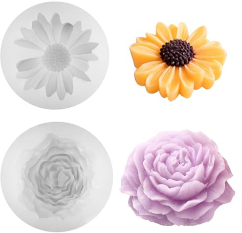 2 Stück Gießformen Silikon Blumen, Pfingstrose Kerzen Gießen Formen, Daisy Kerzen Silikonformen, 70x70x25 mm Silikonformen Blume, Kerzenform Silikon Blumen Silikonform, für Fondant, Gips, Sojawachs