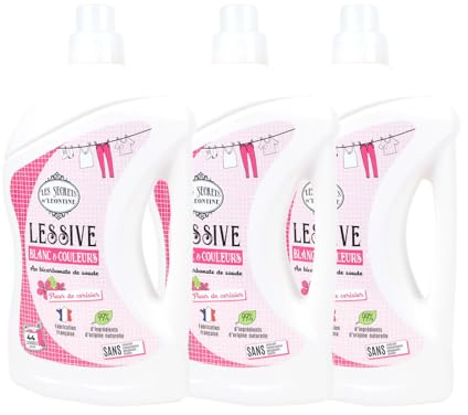 Les Secrets de Léontine - 3 Lot de lessives liquide 2L - Fabriqué en France - 99% d'ingrédients d'origine naturelle - Parfum frais - Fleur de Cerisier - 132 lavages - Bidon recyclé