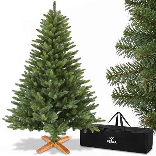 Premium Weihnachtsbaum künstlich 180cm - mit Holzständer, Nordmanntanne, Künstlicher Tannenbaum, Naturgetreu, dichte Zweige (180 cm ohne LED)