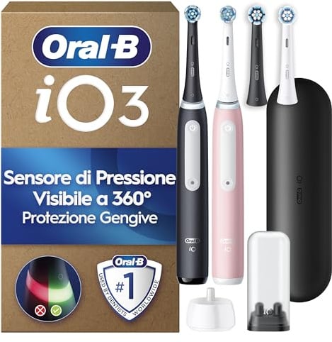 Oral-B iO Series 3 Elektrische Zahnbürste, Doppelpack, Schwarz/Rosa | Inkl. 4 Aufsteckbürsten, GUT GETESTET von STIFTUNG WARENTEST, Electric Toothbrush mit 3 Putzmodi für Zahnpflege