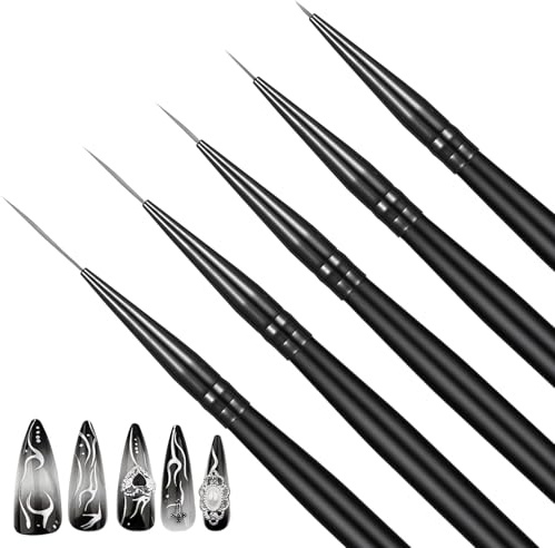 Fine Line Nail Brush Set - 5 Pcs Nail Art Brushes and Dotting Tools - Professional Nails Art Brush for Long Lines, Thin Details, Fine Drawing, Sizes 4/8/12/16/20mm