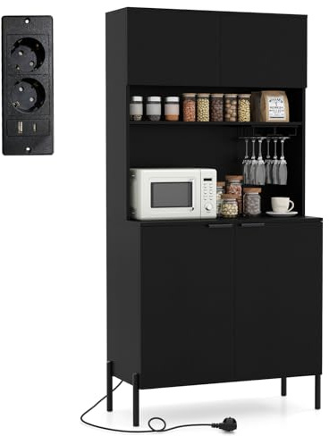 COSTWAY Küchenschrank Holz, Buffetschrank mit Ladestation, Hochschrank mit Türen, Weinglashalter & Arbeitsplatte, Vorratsschrank Aufbewahrungsschrank, für Esszimmer Küche, 80x40x164 cm, Schwarz