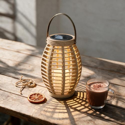 DJGIFI Solarlaterne für Außen Naturfaser 20cm, Solarlampe mit Lichtmuster | Warmweißes Licht zaubert Schattenmuster. Ideal für überdachte Terrasse, Balkon & Wohnzimmer.