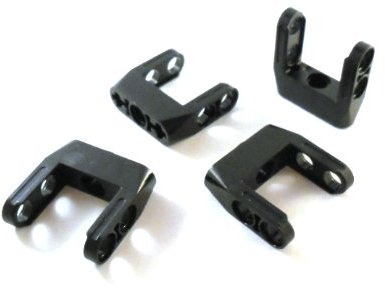 4 Stück LEGO TECHNIC Liftarm 1x3 Noppen mit Doppelpin-Verbinder in Schwarz.
