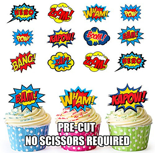 AK Giftshop PRE-CUT Superhero Callout Speech Bubbles Party Pack - Edible Cupcake Toppers/Cake Decorations (Pack of 36)