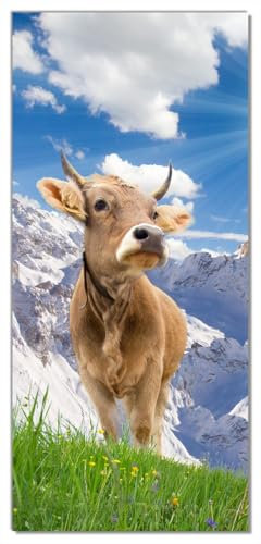 Wallario Selbstklebende Türtapete Kuh im Sonnenschein in den Alpen - Türposter 100 x 220 cm Abwischbar, rückstandsfrei zu entfernen