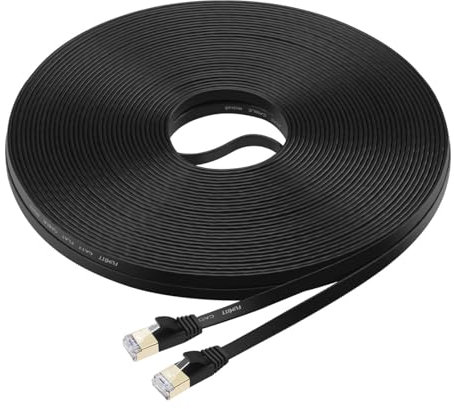 FOSTO - Cable Ethernet Cat7 de 15 m, Cat 7, RJ45 Plano de Alta Velocidad, 10 Gigabit LAN, Cable de Red para Xbox, PS4, módem, Router, Interruptor, PC, TV Box 15 m Negro