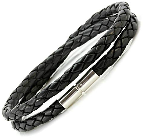 CMJ London Mens Black Leather Bracelet with Sterling Silver Twist Clasp-5mm Thick Braided Cord-Double Wrap 7-9 Inches
