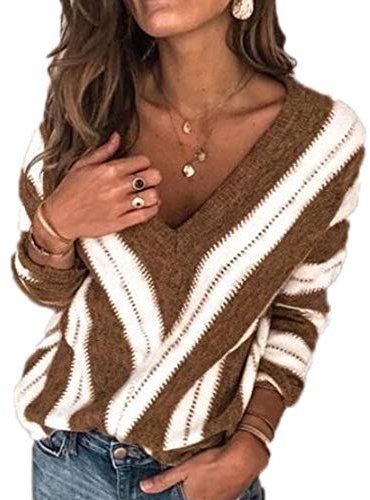 keepmore Maglioni Pullover Maglioni da Donna con Scollo a V a Righe con Scollo a V da Donna