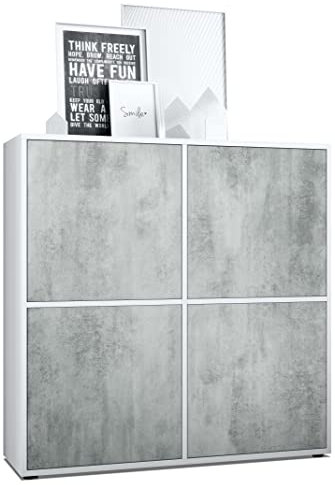 Vladon Highboard Cuba V2 Schrank 104 x 105,5 x 35,5 cm Sideboard mit 8 Fächern, Made in Germany, Korpus in Weiß matt/Fronten in Beton Oxid Optik