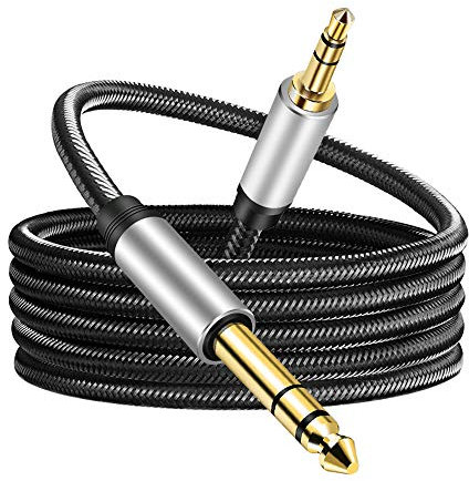 3.5 mm to 6.35 mm Audio Cable 6M, Gold-Plated Terminal Silver Color Zinc Alloy Housing 3.5mm 1/8 Male TRS to 6.35mm 1/4 Male TRS Nylon Braided Stereo Audio Cable for Cellphone,Amplifiers(6M/20Ft)
