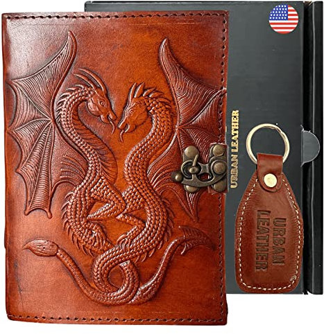 Urban Leather 13 cm Vintage Leder Drache DnD Tagebuch für Männer und Frauen mit Verschluss, Handgefertigtes Skizzenbuch für Künstler Reisegeschenk Schreibnotizbuch Unliniertes Papier, Braun