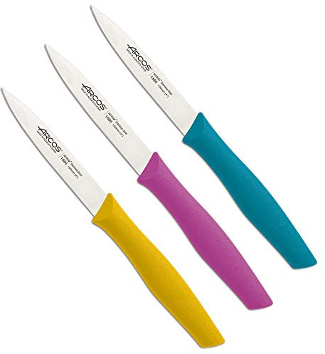 Arcos Serie Nova - Cuchillo para pelar, Acero Inoxidable NITRUM, Envase Ecológico, 3 colores Fucsia, Turquesa y Amarillo