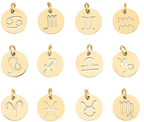 UNICRAFTALE 12 Stück Edelstahl 12 Sternbilder Charme Sternzeichen Anhänger Charms Golden 3mm Loch Flach Rund Mit Sternbild Anhänger Für DIY Schmuck Handwerk Herstellung 12mm