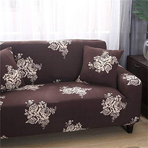 XBSLJ Sofaüberwürfe Stretch Sofabezüge, Blumendruck Universal 1/2/3/4 Sitzer Polyester Schonbezug Couchbezüge Elastischer Stoff Anti-Rutsch-Hundeschutz + gleicher Kissenbezug (1 Sitzer, braune Blume)