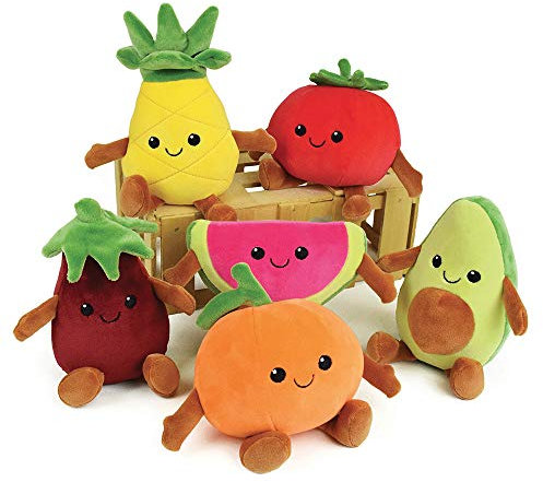 Jemini Fruity's 024144 Kiste mit 6 Obst-und Gemüsesorten aus Plüsch, +/-17 cm, weich und flauschig für Kinder, Mehrfarbig