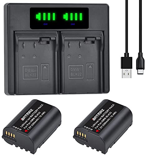 Batmax 2Pcs 2280mAh DMW-BLK22 Battery + LED Dual USB Charger Replacement with Type C Port for Panasonic Lumix DC-S5 GH5 II, DC-S5KK, GH5, GH6, GH5M2,GH5 Mark ii Cameras