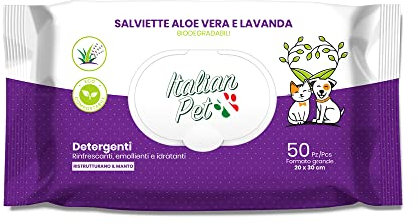 Italian Pet - Lingettes biodégradables à l'aloe Vera et à la Lavande - Lingettes nettoyantes humides pour Chiens, Chats, Lapins, Pattes, museau et Pelage - 50 lingettes organiques jetables - 20x30 cm