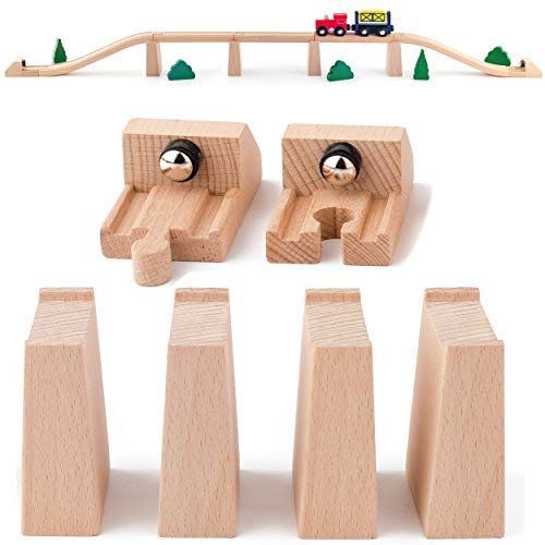6 TLG. Set: 4 Brückenpfeiler & 2 Magnet Endstücke/Sperren - Holz - für Eisenbahn Schienen/Holzeisenbahn - passend für alle Schienen-Systeme & Straßen - z...