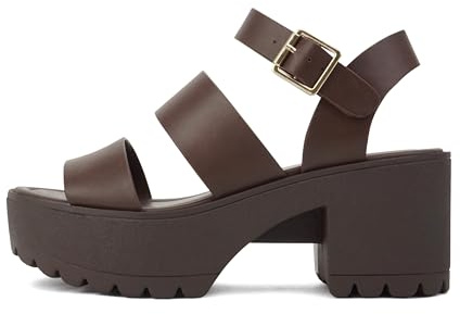 Soda Konto ~ Damen-Sandalen mit offenem Zehenbereich, zwei Bändern, Sohle, modischer Blockabsatz, verstellbarer Knöchelriemen, Braun PU, 40.5 EU