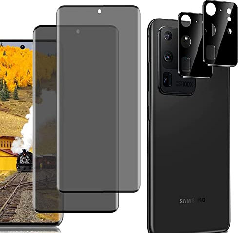OnlyCase Store Displayschutzfolie aus Hartglas für Samsung Galaxy S20 Ultra 5G, Anti-Spy, Privatsphäre, 3D-Abdeckung, 9H, strapazierfähig, privater Displayschutz und Rückkamera (2 + 2 Stück)