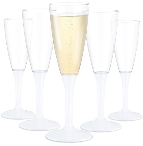 WAF TUNDRA - Lot de 60 Verres FLUTE À CHAMPAGNE UTILISER & RÉ-UTILISER 100 ml. BPA-Free, Coupe Champagne en PLASTIQUE, Verre a Vin Plastique Reutilisable, Incassables, pour Mariages & Fêtes, (Blanc)