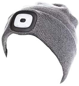 Oleanderhof Gadgets Sportbekleidung Geschenkidee Damen Herren LED-Haube mit Stirntaschenlampe (abziehbar) (WM1582-grau)
