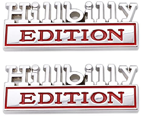 2 Stück Hillbilly Edition Emblem Auto Aufkleber Abzeichen für Auto LKW SUV Motorrad Kofferraum (Silberrot)
