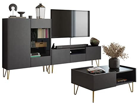 Mirjan24 Wohnzimmer-Set Madaris II, Wohnzimmerschrank, Anbauwand, Schrankwand, Metallfüße mit Gold pulverbeschichtet, im Set: TV Lowboard, Vitrine, Couchtisch (Schwarz Graphit/Marmor Schwarz Royal)
