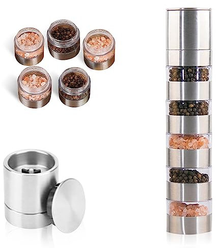 Nizirioo Mini Gewürzstreuer mit Deckel: 5-in-1 Camping Gewürzset mit Gewürzmühle, Transparentes Gewürzstreuer Camping Set, Edelstahl Gewürze Camping Set für Outdoor Picknick, BBQ, 20ml Gewürzstreuer