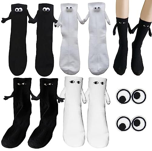 4 Paar Lustige Magnetische Saugnapf 3d Puppe Paar Socken Lustige Magnetische Socken für Frauen Männer, Unisex Lustige Halten Hände Socken mit 2 Cartoon Augen Stoff Patch