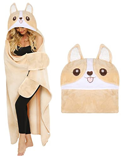 Shoppawhile Corgi Decke mit Ärmeln und Kapuze für Hundebesitzer Kuscheldecke Flauschig Süße Blanket Hoodie Tragbare, Lustig Geschenke für Frauen Kinder zum Weihnachten 130*150cm