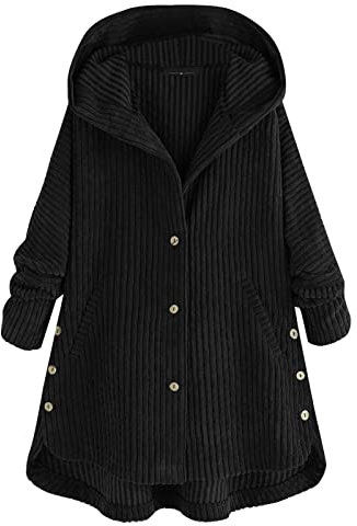 Veste en Velours Côtelé Femmes Manteau Décontracté à Capuche - Couleur Unie, Manches Longues, Boutonné, Avec Poches - Blouson Oversized Ample Chaud Et Confortable