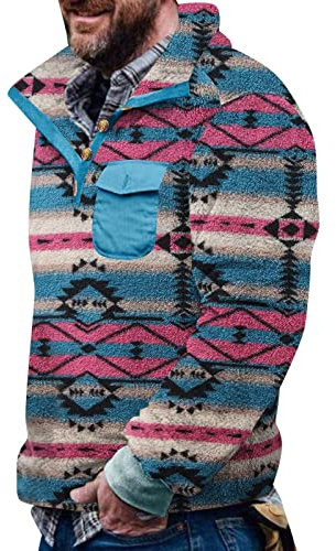 Aztec - Maglione da uomo in pile Fuzzy Sherpa, senza cappuccio, in finta pelliccia, double face, in lana, con bottoni, vintage, con tasca per uomo, blu cielo, L