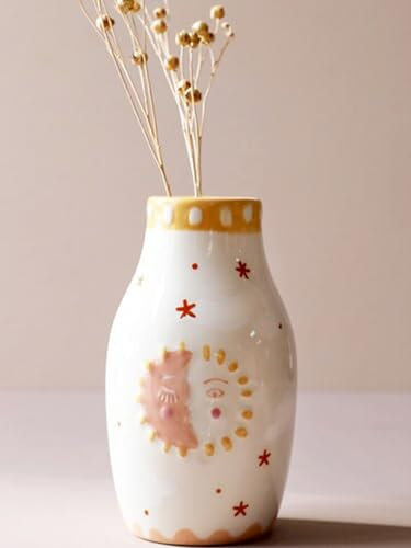 MOUGIGI Einzigartige Keramikvase, niedliches Boho-Dekor, kleine cremefarbene Vase für getrocknete Blumen oder einzelne Knospen – Sonne und Mond Gesicht Design