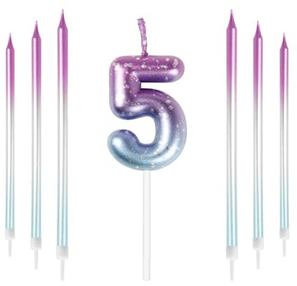 mciskin Purple Blue 5th Birthday Candles, Colorful Long & Number 5 Candle for Cake,Girls Boys 5th Birthday Decorations,Purple Blue Cake Toppers Perfect for Wedding & Party Decorations Supplies